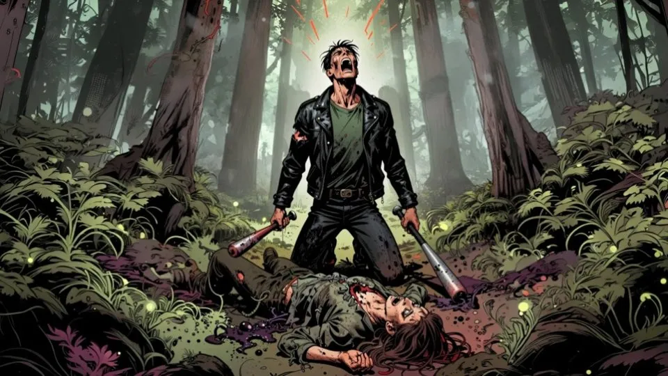 The Warrior screams at the sky, kneeling over a fallen survivor in the forest.
