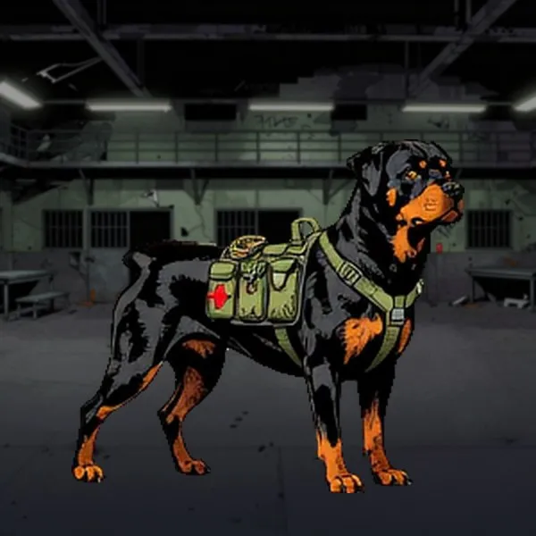 A Rottweiler wearing a tactical harness.