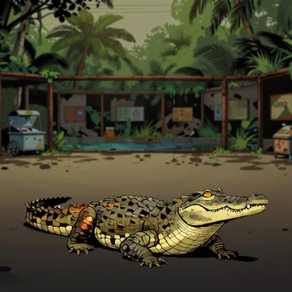 A crocodile, jaws half open.