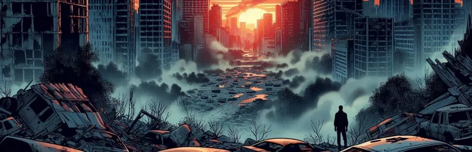 Dead Hand key art: a lone survivor looks out over a ruined city under a burning sky.