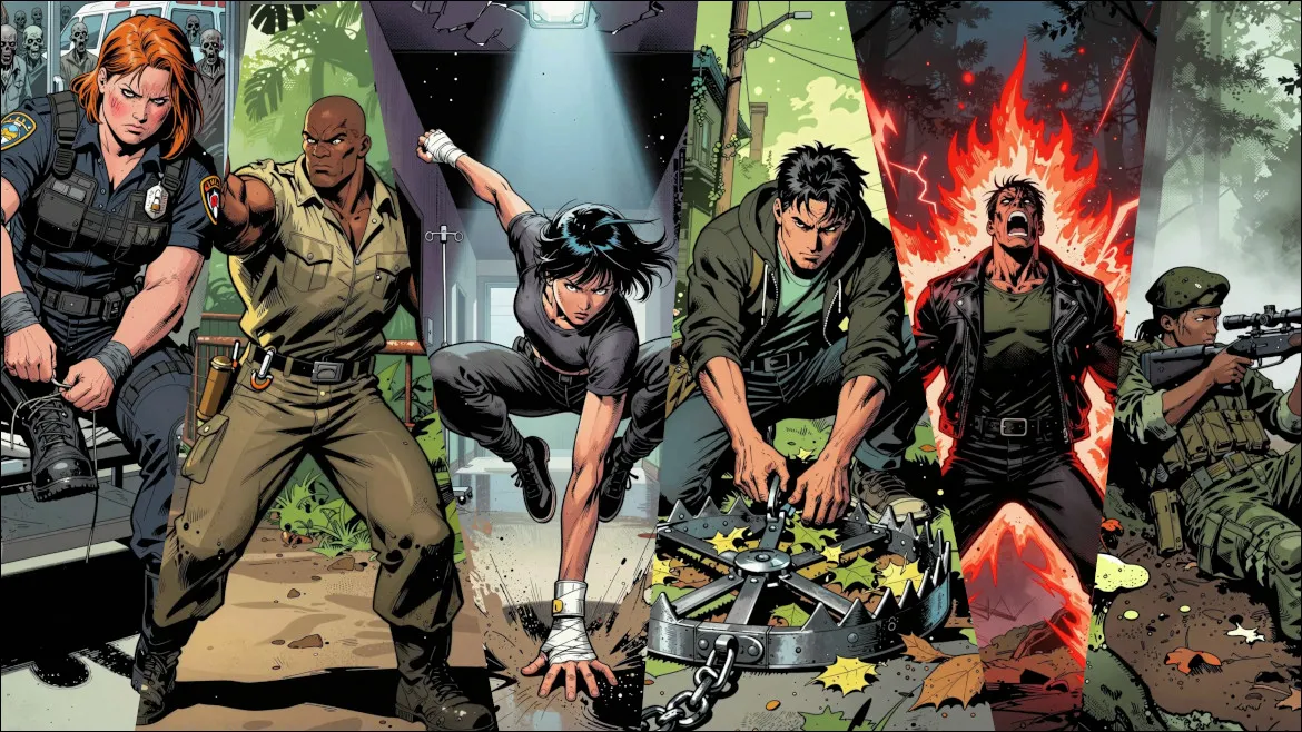 The six survivors of Dead Hand drawn in comic book style: the Cop, the ZooKeeper, the Fighter, the Hunter, the Warrior and the Sniper.