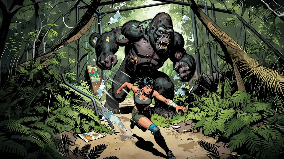A survivor runs from a giant mutant gorilla through the zoo.