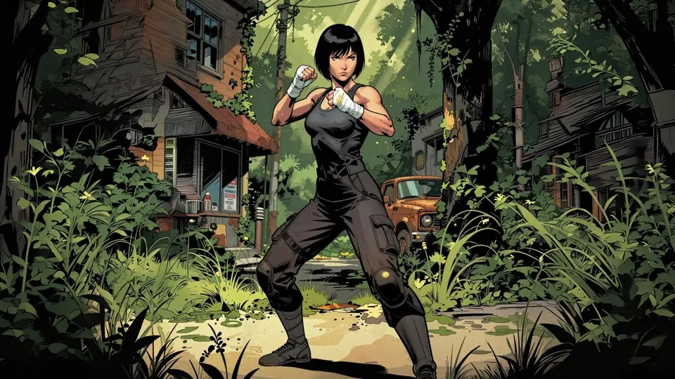 The Fighter on guard in an overgrown town.
