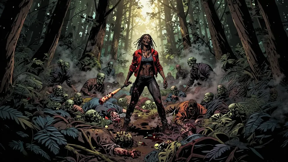 A survivor with a bat stands among fallen zombies in the forest.